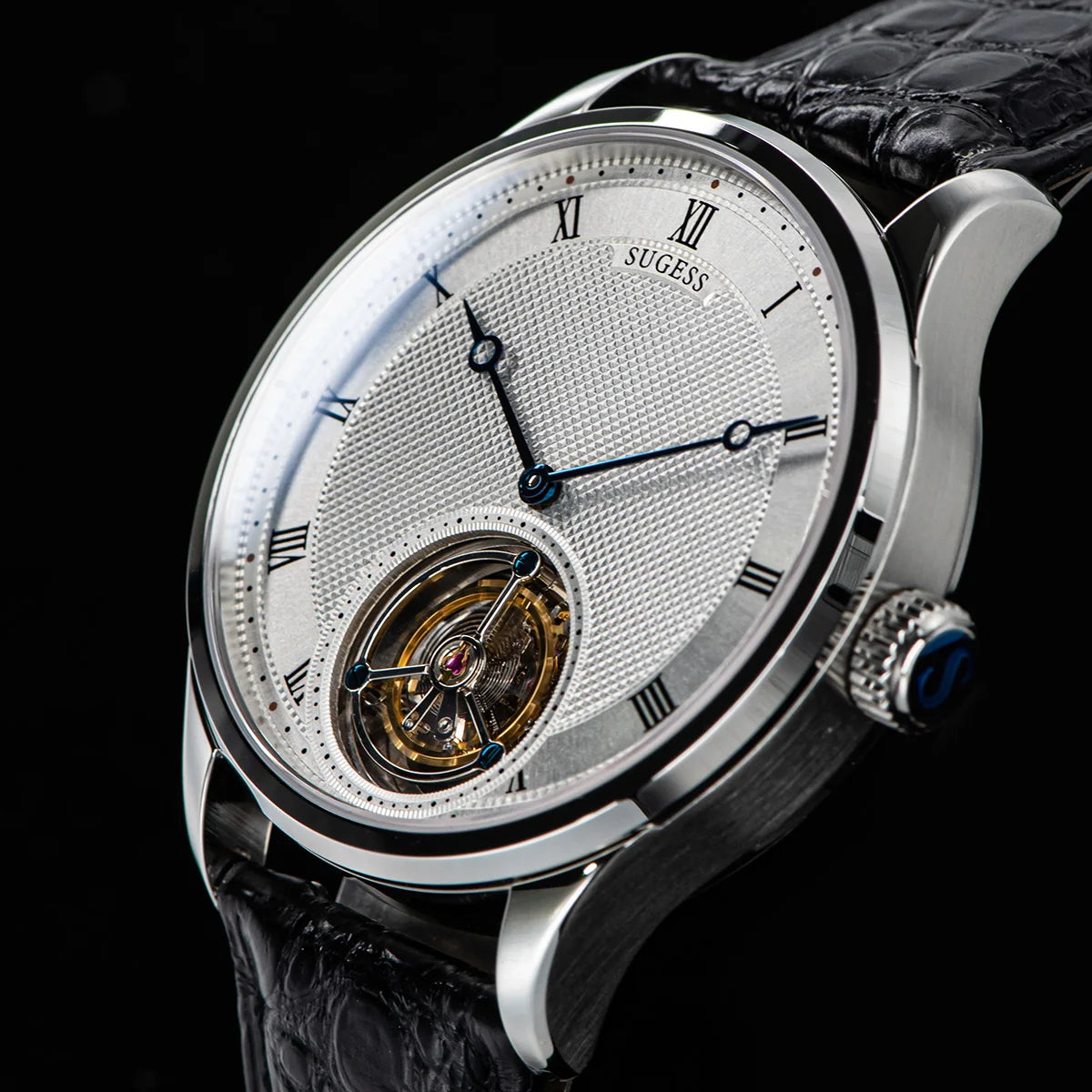 Montres pour homme Sugess Tourbillon ST8230 : montre-bracelet squelette vintage mécanique avec mouvement authentique de Tianjin, élégante, en cuir de crocodile