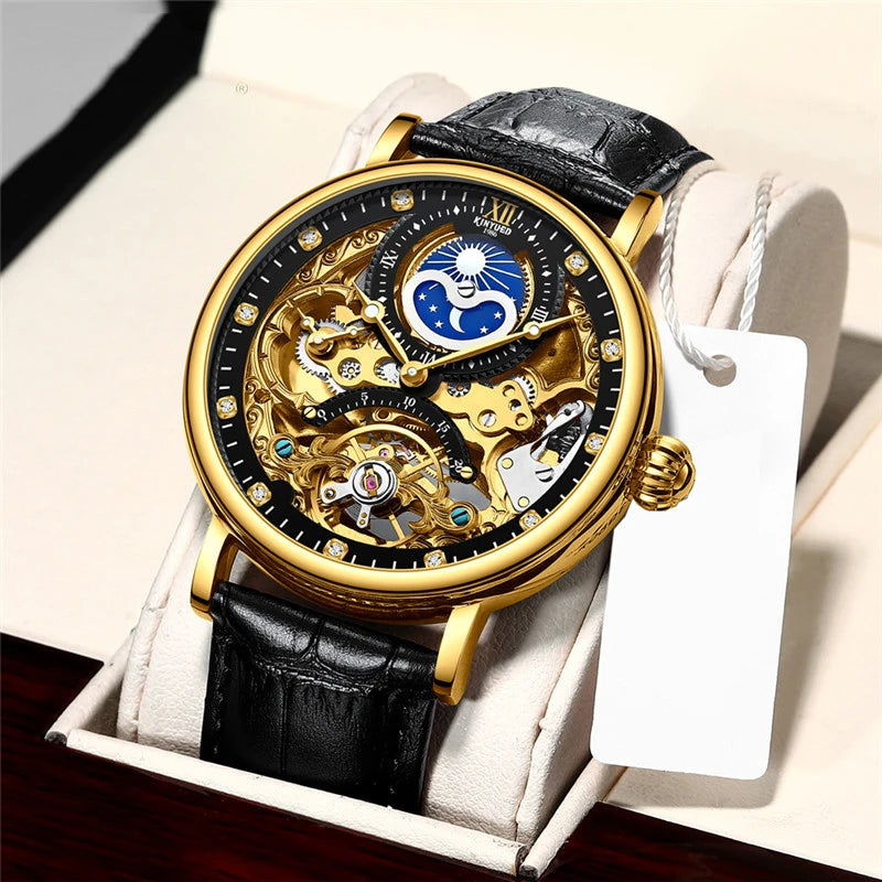 Orologio da uomo KINYUED – Modello di lusso, stile scheletrato con tourbillon, movimento meccanico a carica automatica, cassa color oro rosa, impermeabile.