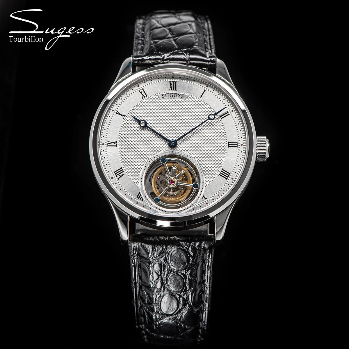 Montres pour homme Sugess Tourbillon ST8230 : montre-bracelet squelette vintage mécanique avec mouvement authentique de Tianjin, élégante, en cuir de crocodile