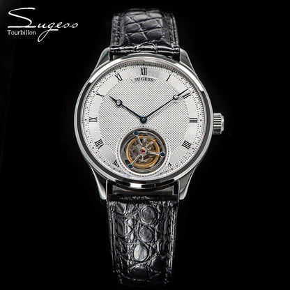 Montres pour homme Sugess Tourbillon ST8230 : montre-bracelet squelette vintage mécanique avec mouvement authentique de Tianjin, élégante, en cuir de crocodile