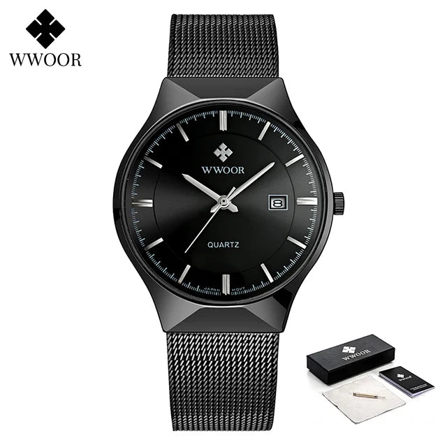 WWOOR Silver Men Watches with Mesh Steel Top Brand Luxury Ultra Thin Quartz Waterproof Date Business Wristwatch Box Montre Homme