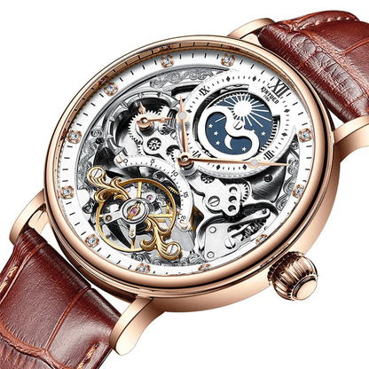 Orologio da uomo KINYUED – Modello di lusso, stile scheletrato con tourbillon, movimento meccanico a carica automatica, cassa color oro rosa, impermeabile.