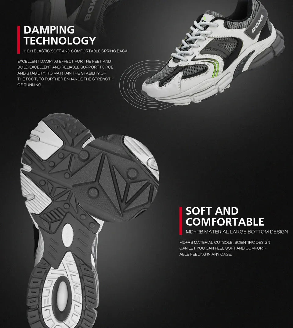 BONA New Designers Action Leather Mesh Men Running Shoes Sneakers Trainers Lightweight Antiskid Outdoor Walking Shoes Man