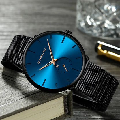 Relógio para homem CRRJU – Relógio de quartzo de luxo, estilo descontraído, fino, com bracelete em malha de aço, estanque e desportivo.