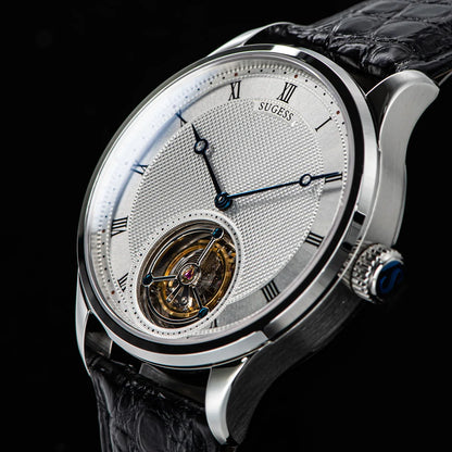 Montres pour homme Sugess Tourbillon ST8230 : montre-bracelet squelette vintage mécanique avec mouvement authentique de Tianjin, élégante, en cuir de crocodile