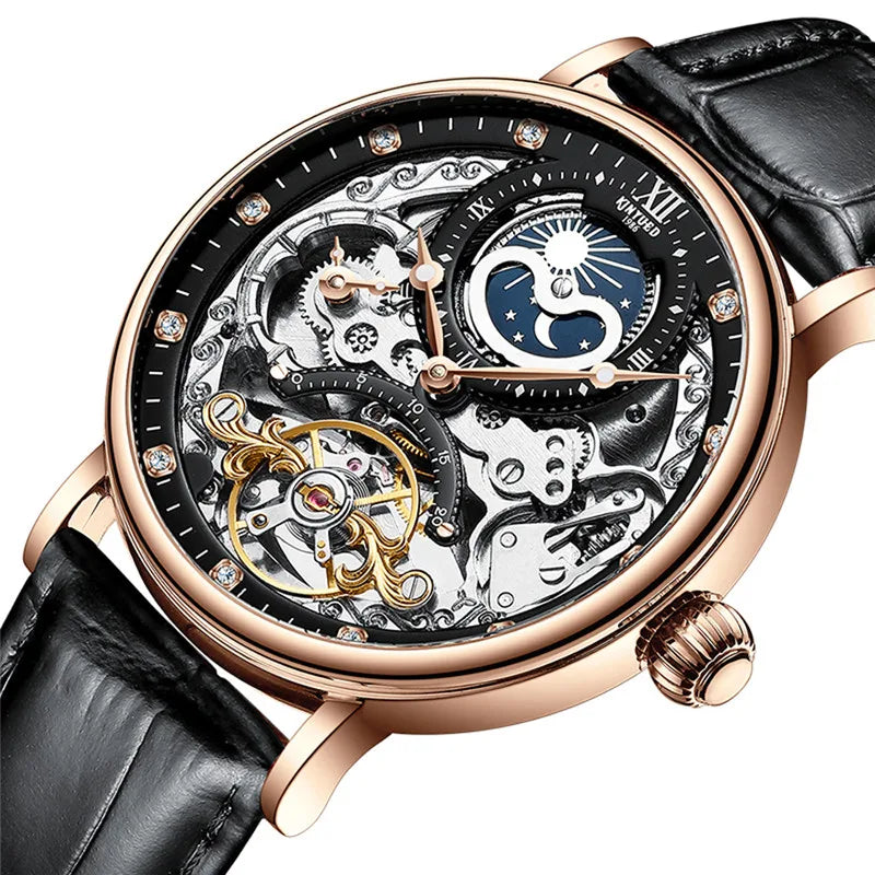 Orologio da uomo KINYUED – Modello di lusso, stile scheletrato con tourbillon, movimento meccanico a carica automatica, cassa color oro rosa, impermeabile.