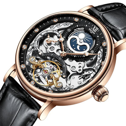 Orologio da uomo KINYUED – Modello di lusso, stile scheletrato con tourbillon, movimento meccanico a carica automatica, cassa color oro rosa, impermeabile.