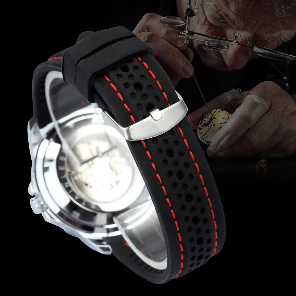 Orologio automatico da uomo WINNER – Modello meccanico scheletrato, lancette luminescenti, cinturino in gomma, stile sportivo e lussuoso, ideale per le attività all’aria aperta