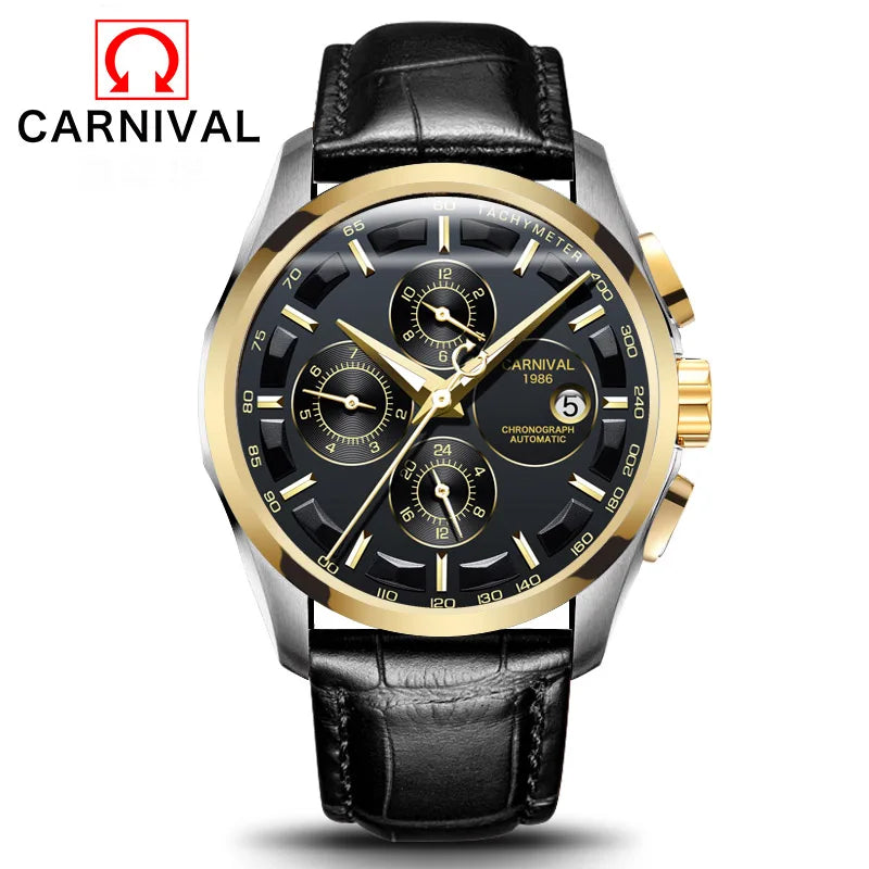 Carnival Brand Luxury Stainless Steel Multifunction Mechanical Watch for Men Waterproof Luminous Hands Calendar Fashion Watches