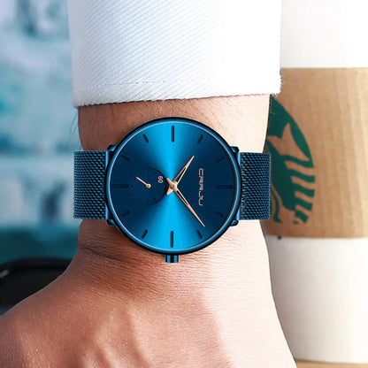 Relógio para homem CRRJU – Relógio de quartzo de luxo, estilo descontraído, fino, com bracelete em malha de aço, estanque e desportivo.