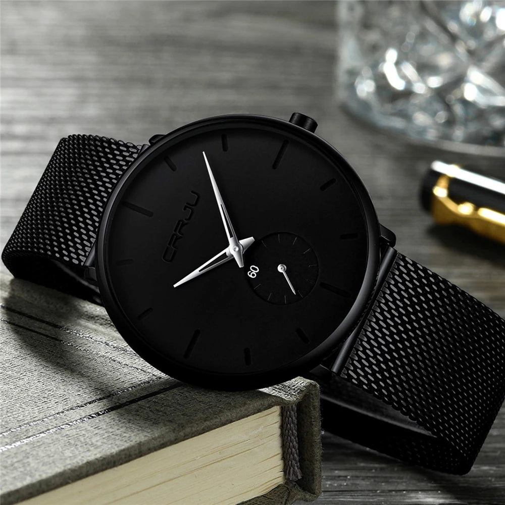 Relógio para homem CRRJU – Relógio de quartzo de luxo, estilo descontraído, fino, com bracelete em malha de aço, estanque e desportivo.