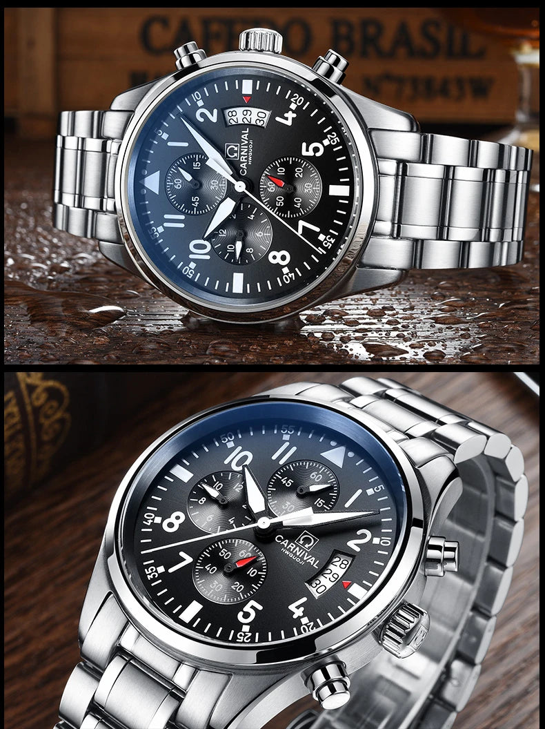 Chronograph luminous military running sport full steel men stop watch genuine leather strap luxury brand watches sapphire reloj