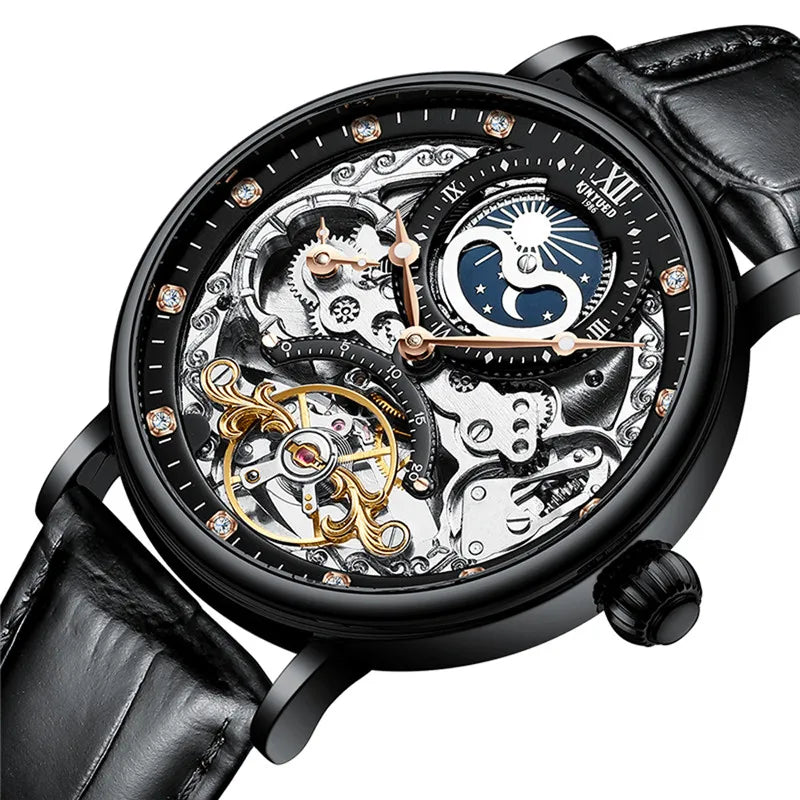 Orologio da uomo KINYUED – Modello di lusso, stile scheletrato con tourbillon, movimento meccanico a carica automatica, cassa color oro rosa, impermeabile.