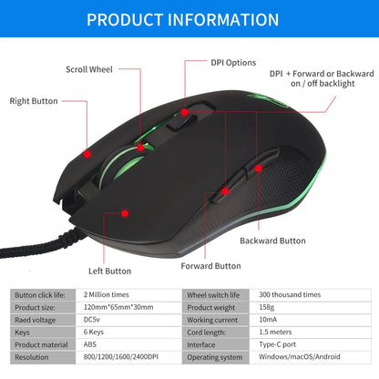 USB-C Wired Gaming Mouse with RGB Backlight, 2400 DPI Silent Computer Mouse for Type-C Laptop, Ergonomic USB-C Gaming Mouse for PC & Notebook