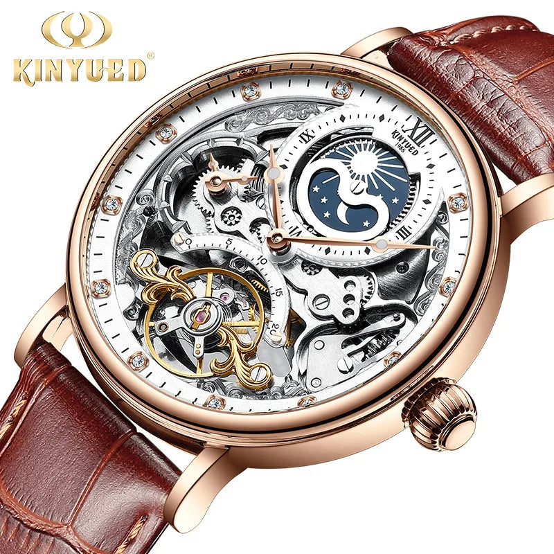 Orologio da uomo KINYUED – Modello di lusso, stile scheletrato con tourbillon, movimento meccanico a carica automatica, cassa color oro rosa, impermeabile.
