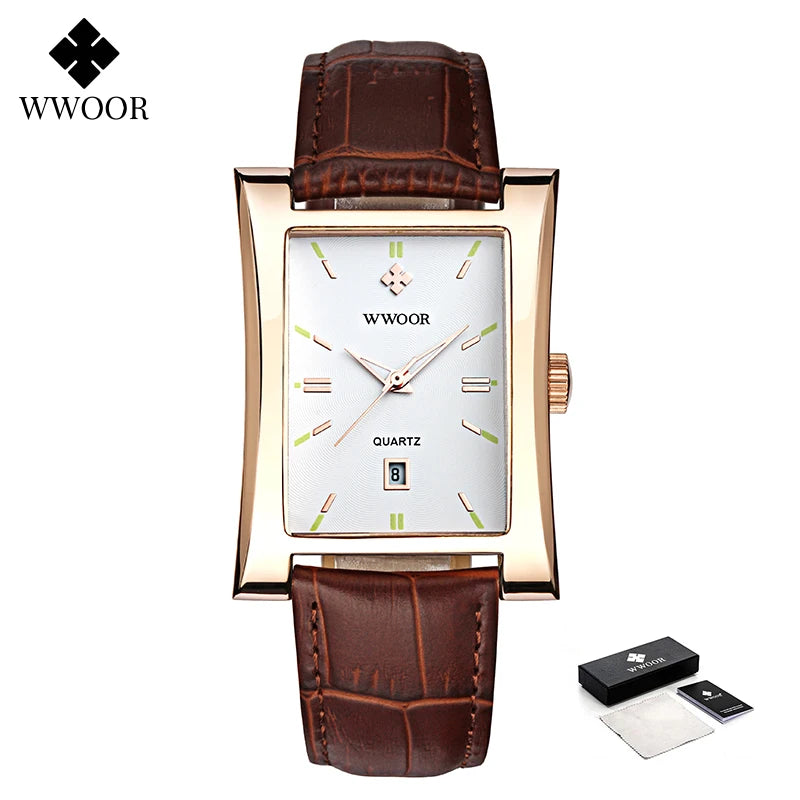 WWOOR Brand Classic Fashion Mens Rectangle Watches Male Gold Brown Leather Quartz Waterproof Wrist Watch For Men Calendar Clocks