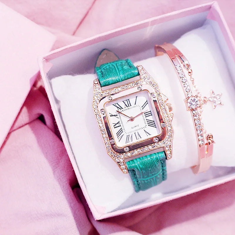 Square Women Watches Waterproof Luxury Rhinestone Quartz Wristwatch PU Leather Ladies Watch Female Ladies Watch Gift Wrist Watch