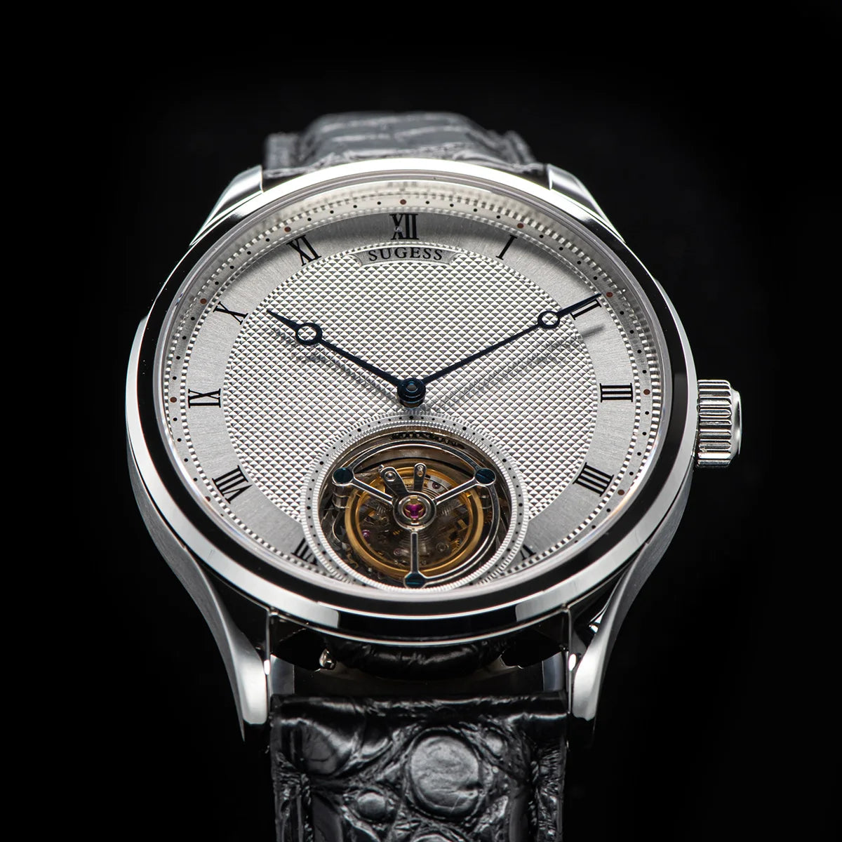 Montres pour homme Sugess Tourbillon ST8230 : montre-bracelet squelette vintage mécanique avec mouvement authentique de Tianjin, élégante, en cuir de crocodile