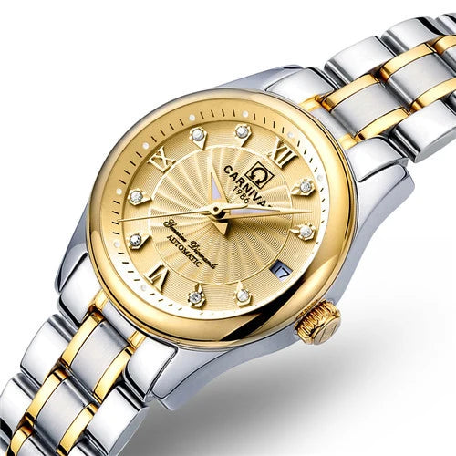 Orologio da polso meccanico da donna del marchio CARNIVAL – Modello elegante, movimento automatico, vetro zaffiro, impermeabile.