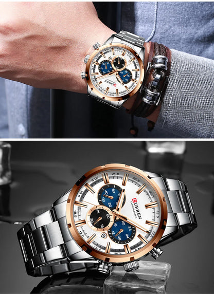 Orologio da uomo CURREN – Cronografo sportivo di lusso, movimento al quarzo, interamente in acciaio, impermeabile
