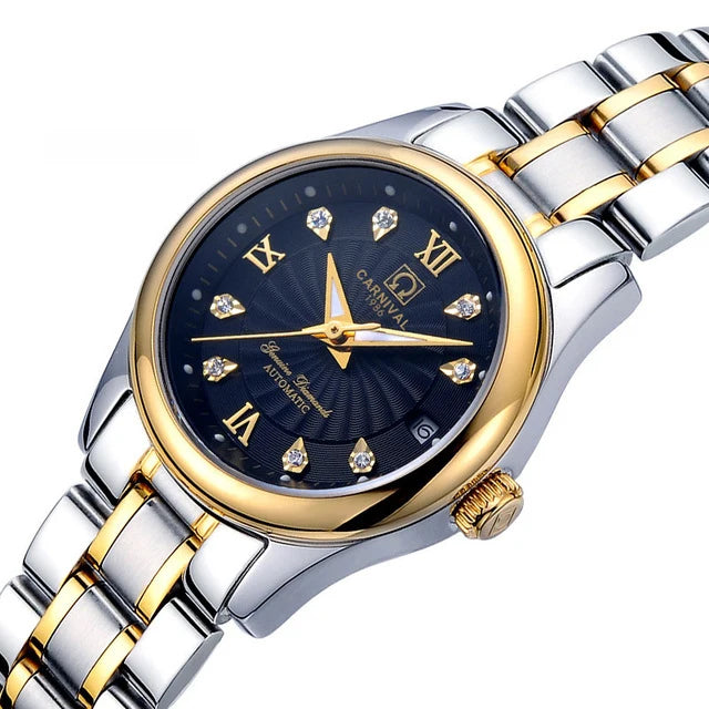 Orologio da polso meccanico da donna del marchio CARNIVAL – Modello elegante, movimento automatico, vetro zaffiro, impermeabile.