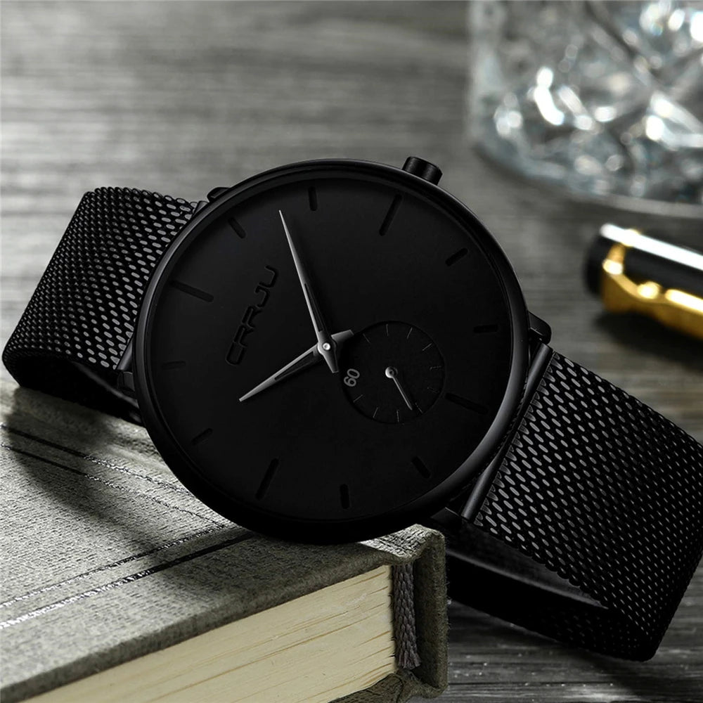 Relógio para homem CRRJU – Relógio de quartzo de luxo, estilo descontraído, fino, com bracelete em malha de aço, estanque e desportivo.