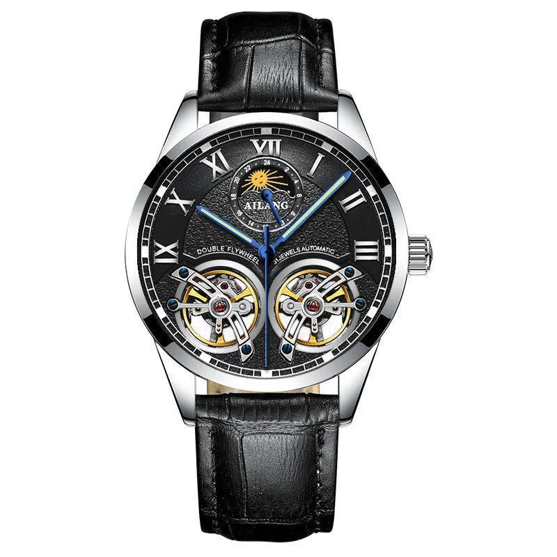 AILANG Double Tourbillon Design Business Men Mechanical Watch Fashion Leather Moon Phase Automatic Watches for Mens Reloj Hombre