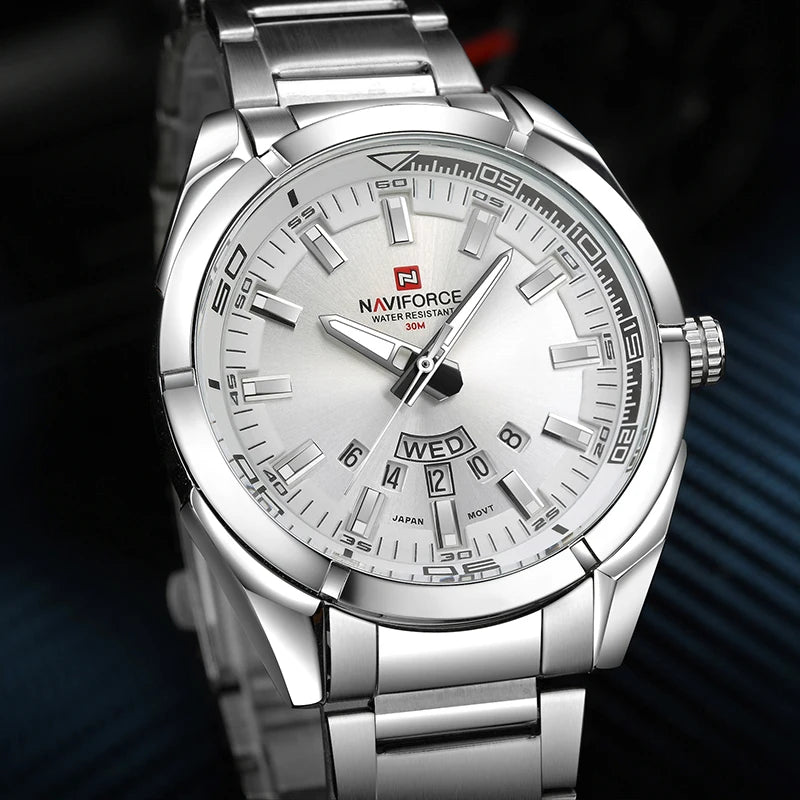 Orologio da uomo NAVIFORCE, interamente in acciaio, impermeabile, stile casual, movimento al quarzo con datario – Orologio da polso di lusso da uomo, di un marchio di primo piano.