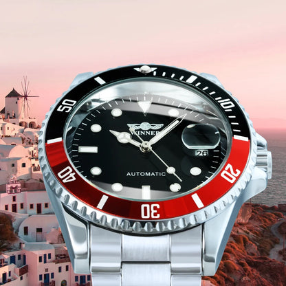 Orologio meccanico classico da uomo – Marchio di lusso, stile professionale, movimento automatico, lunetta girevole, quadrante luminescente, bracciale in acciaio