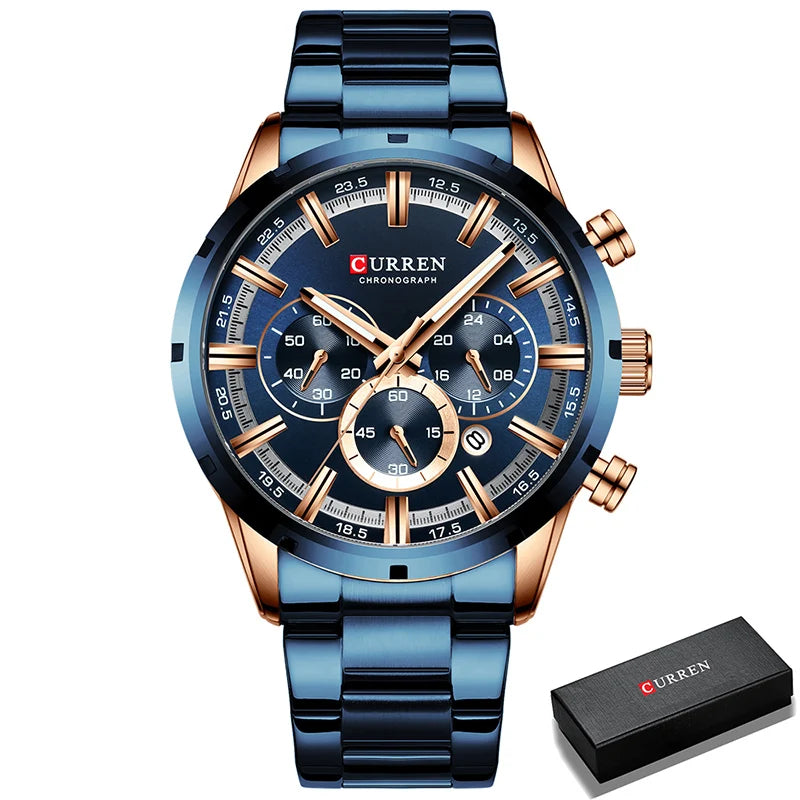 Orologio da uomo CURREN – Cronografo sportivo di lusso, movimento al quarzo, interamente in acciaio, impermeabile