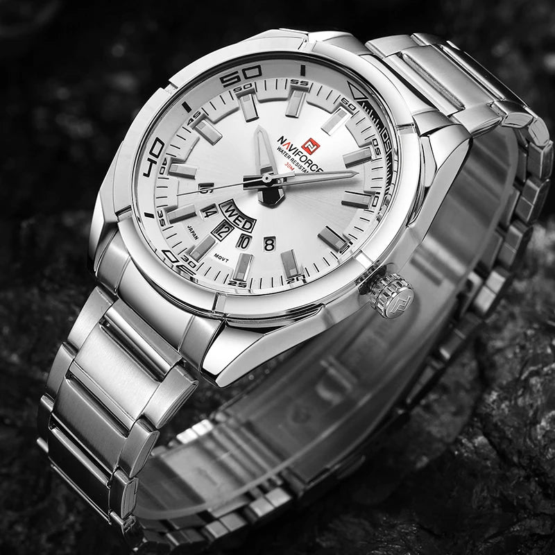 Orologio da uomo NAVIFORCE, interamente in acciaio, impermeabile, stile casual, movimento al quarzo con datario – Orologio da polso di lusso da uomo, di un marchio di primo piano.