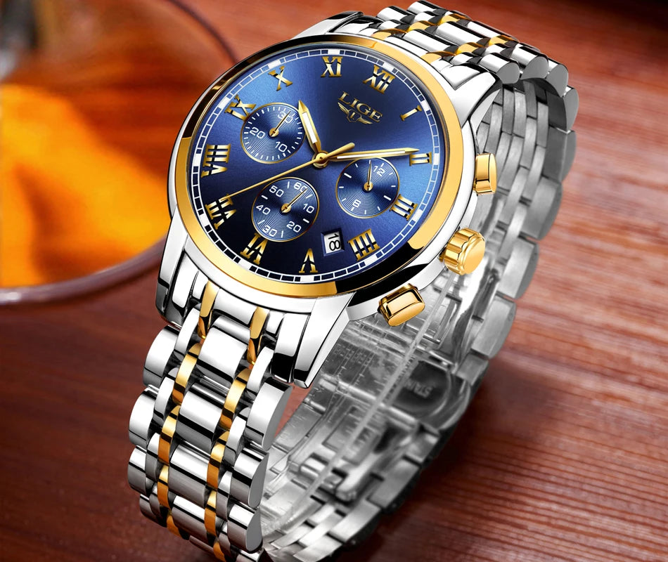 Orologio da uomo LIGE – Cronografo di lusso, stile sportivo casual, impermeabile, interamente in acciaio, movimento al quarzo