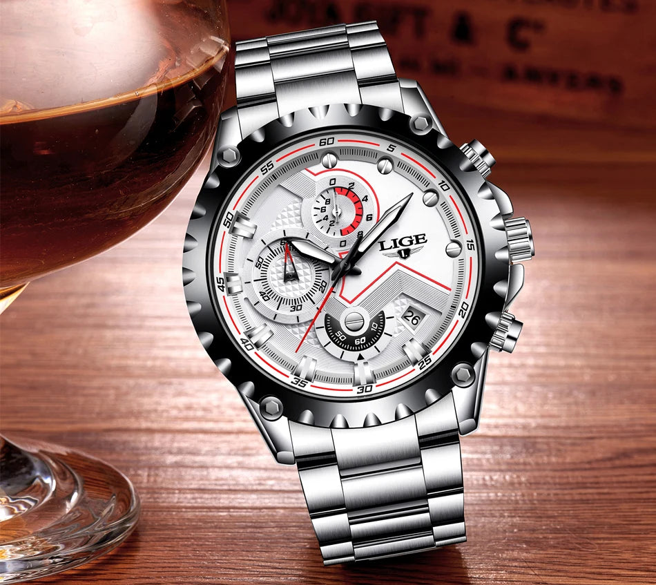 LIGE Herrenuhr – Trendige Quarzuhr, Luxusmarke, komplett aus Edelstahl, professioneller Stil, wasserdicht und sportlich – Lieferung inklusive Box