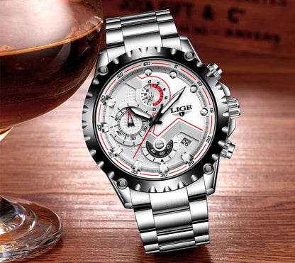 LIGE Herrenuhr – Trendige Quarzuhr, Luxusmarke, komplett aus Edelstahl, professioneller Stil, wasserdicht und sportlich – Lieferung inklusive Box