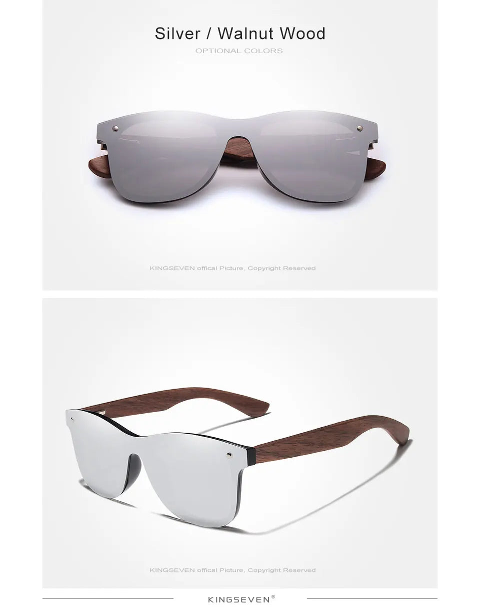 KINGSEVEN Gafas de sol de lujo de madera de nogal, polarizadas, de diseño de marca, sin montura y con cristales espejados, cuadradas, para mujer y hombre