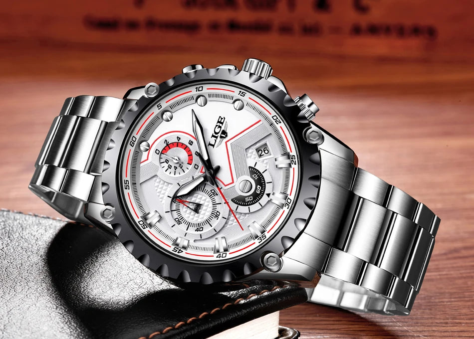 LIGE Herrenuhr – Trendige Quarzuhr, Luxusmarke, komplett aus Edelstahl, professioneller Stil, wasserdicht und sportlich – Lieferung inklusive Box