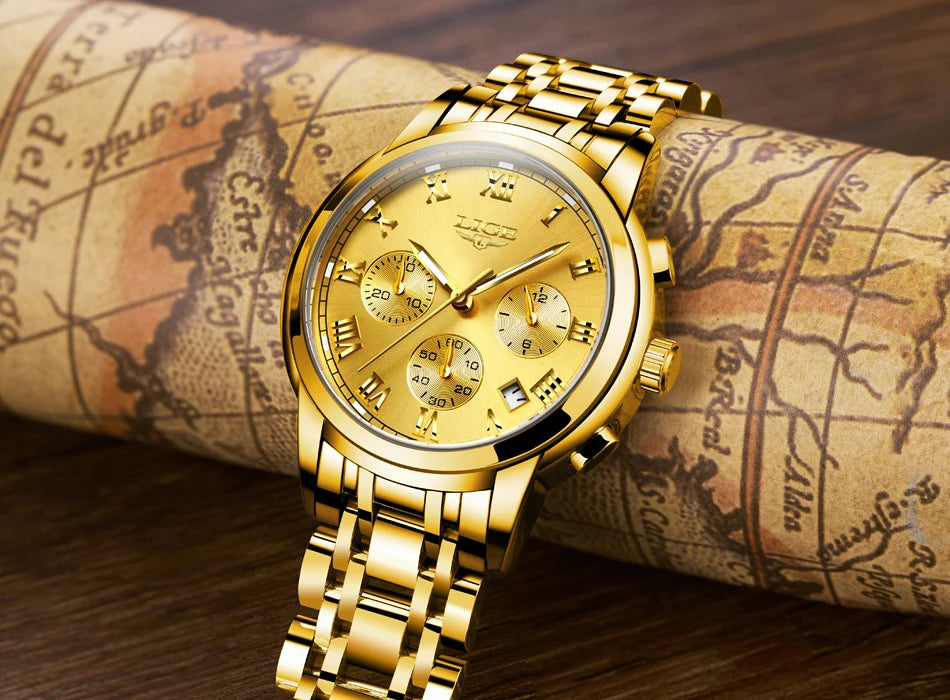 Orologio da uomo LIGE – Cronografo di lusso, stile sportivo casual, impermeabile, interamente in acciaio, movimento al quarzo