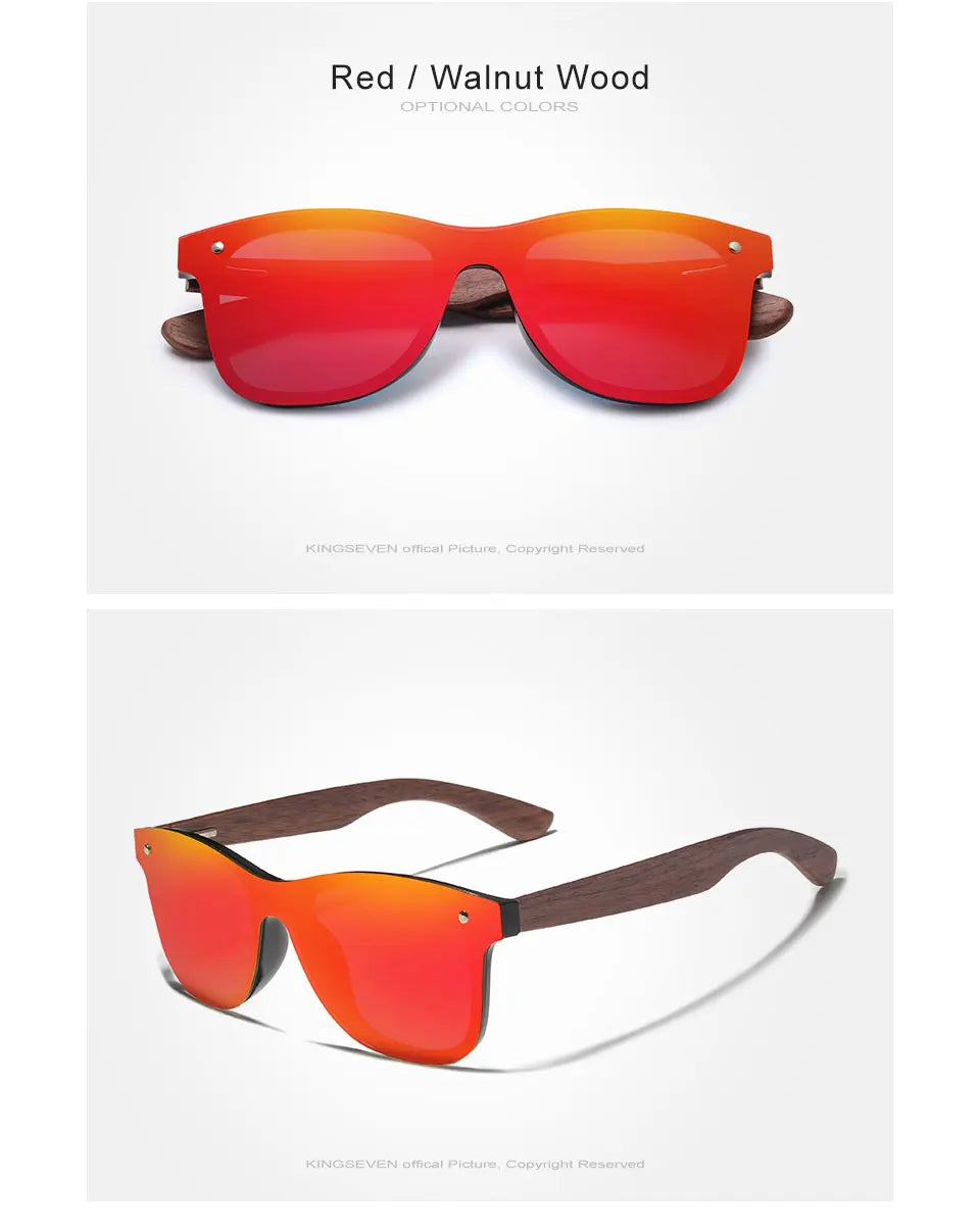 KINGSEVEN Gafas de sol de lujo de madera de nogal, polarizadas, de diseño de marca, sin montura y con cristales espejados, cuadradas, para mujer y hombre