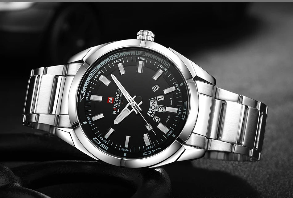 Orologio da uomo NAVIFORCE, interamente in acciaio, impermeabile, stile casual, movimento al quarzo con datario – Orologio da polso di lusso da uomo, di un marchio di primo piano.