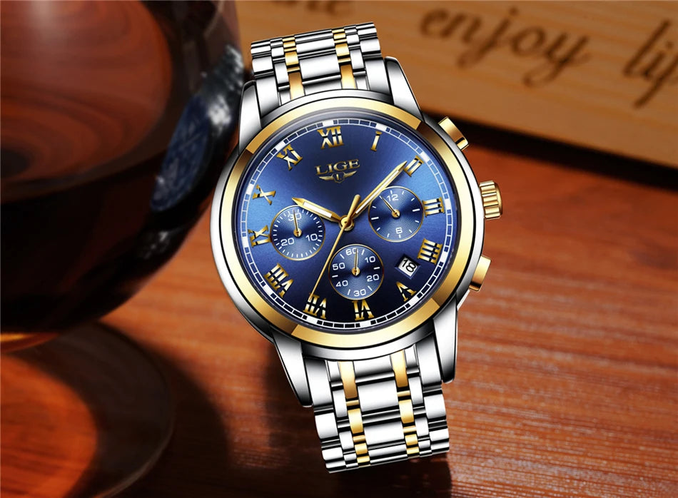 Orologio da uomo LIGE – Cronografo di lusso, stile sportivo casual, impermeabile, interamente in acciaio, movimento al quarzo