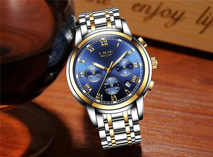 Orologio da uomo LIGE – Cronografo di lusso, stile sportivo casual, impermeabile, interamente in acciaio, movimento al quarzo