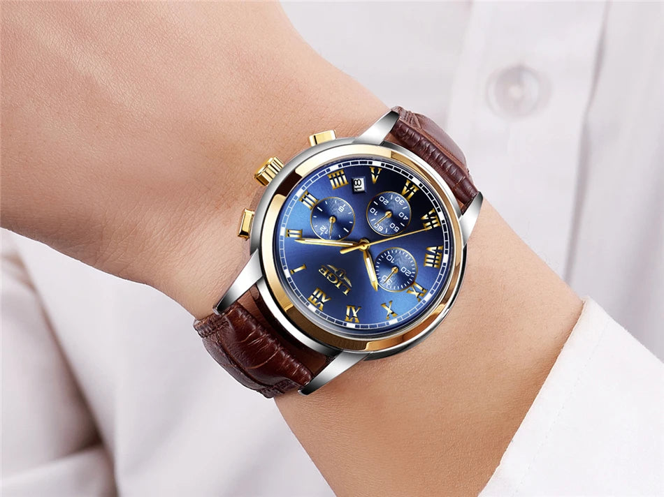 Orologio da uomo LIGE – Cronografo di lusso, stile sportivo casual, impermeabile, interamente in acciaio, movimento al quarzo