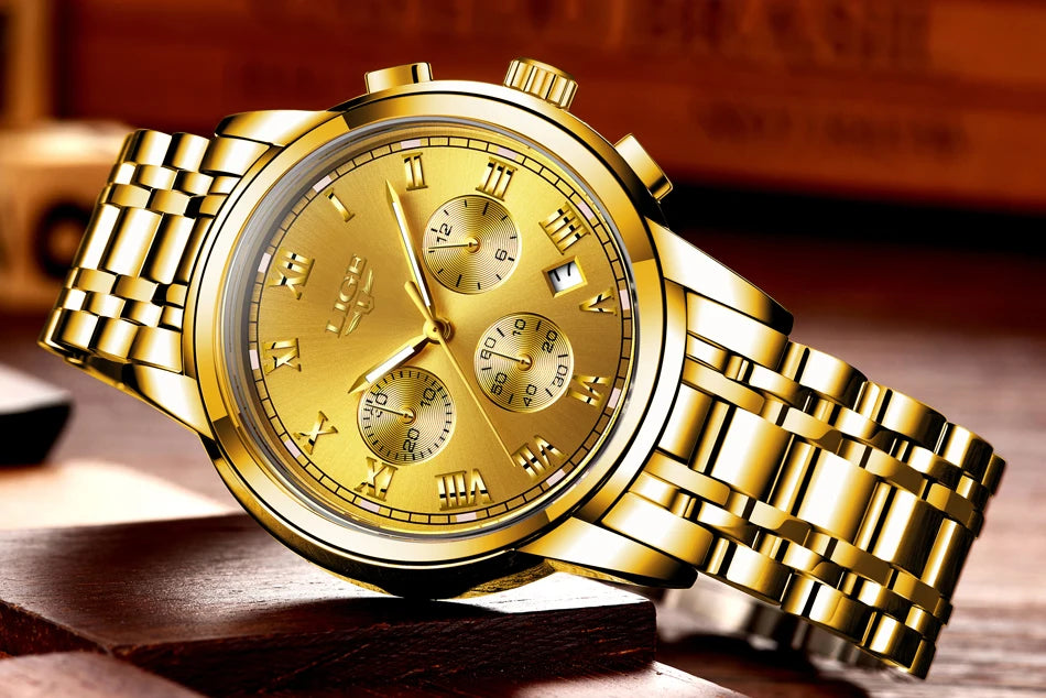 Orologio da uomo LIGE – Cronografo di lusso, stile sportivo casual, impermeabile, interamente in acciaio, movimento al quarzo