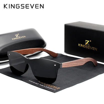 KINGSEVEN Gafas de sol de lujo de madera de nogal, polarizadas, de diseño de marca, sin montura y con cristales espejados, cuadradas, para mujer y hombre