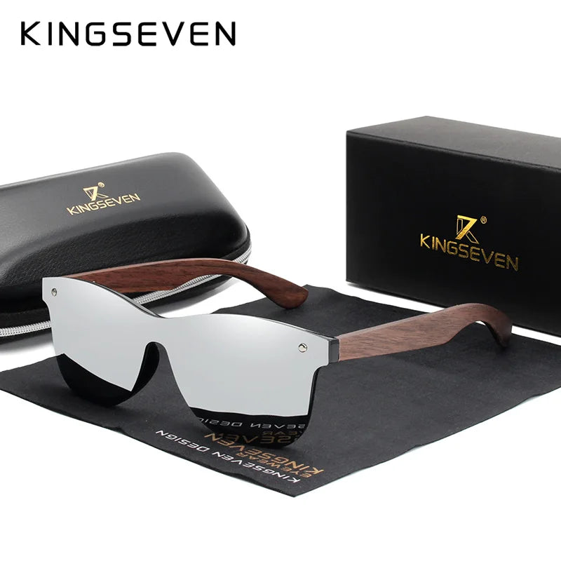 KINGSEVEN Gafas de sol de lujo de madera de nogal, polarizadas, de diseño de marca, sin montura y con cristales espejados, cuadradas, para mujer y hombre