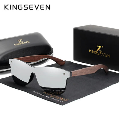 KINGSEVEN Gafas de sol de lujo de madera de nogal, polarizadas, de diseño de marca, sin montura y con cristales espejados, cuadradas, para mujer y hombre