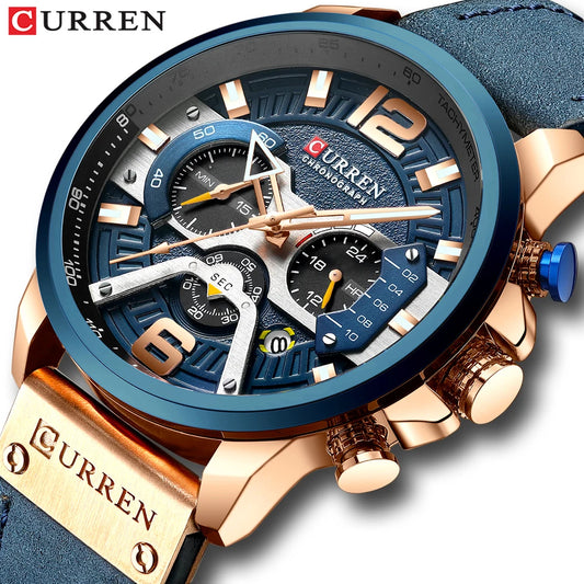 CURREN Men’s Luxury Sport Chronograph Watch Blue Dial, Leather Strap & Military Design