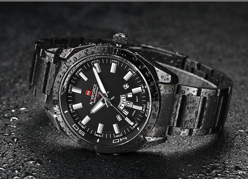 Orologio da uomo NAVIFORCE, interamente in acciaio, impermeabile, stile casual, movimento al quarzo con datario – Orologio da polso di lusso da uomo, di un marchio di primo piano.