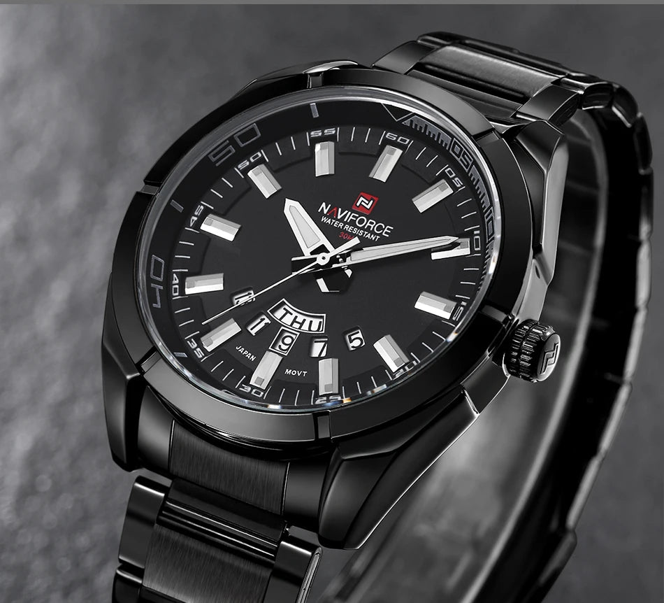 Orologio da uomo NAVIFORCE, interamente in acciaio, impermeabile, stile casual, movimento al quarzo con datario – Orologio da polso di lusso da uomo, di un marchio di primo piano.