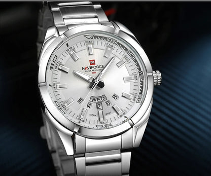 Orologio da uomo NAVIFORCE, interamente in acciaio, impermeabile, stile casual, movimento al quarzo con datario – Orologio da polso di lusso da uomo, di un marchio di primo piano.